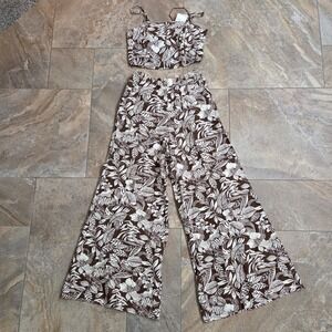 NWT Midnight Sky Tropical Leaf Print Crop Top Wide Leg Pants Set Women's Size S